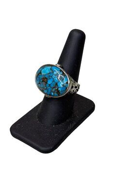 Vintage Silver Filigree Ring Oval Turquoise Stone Size 8 Boho Statement Jewelry